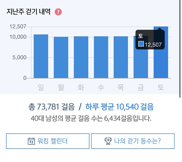 신한플레이앱 지난주 걷기 내역 화면